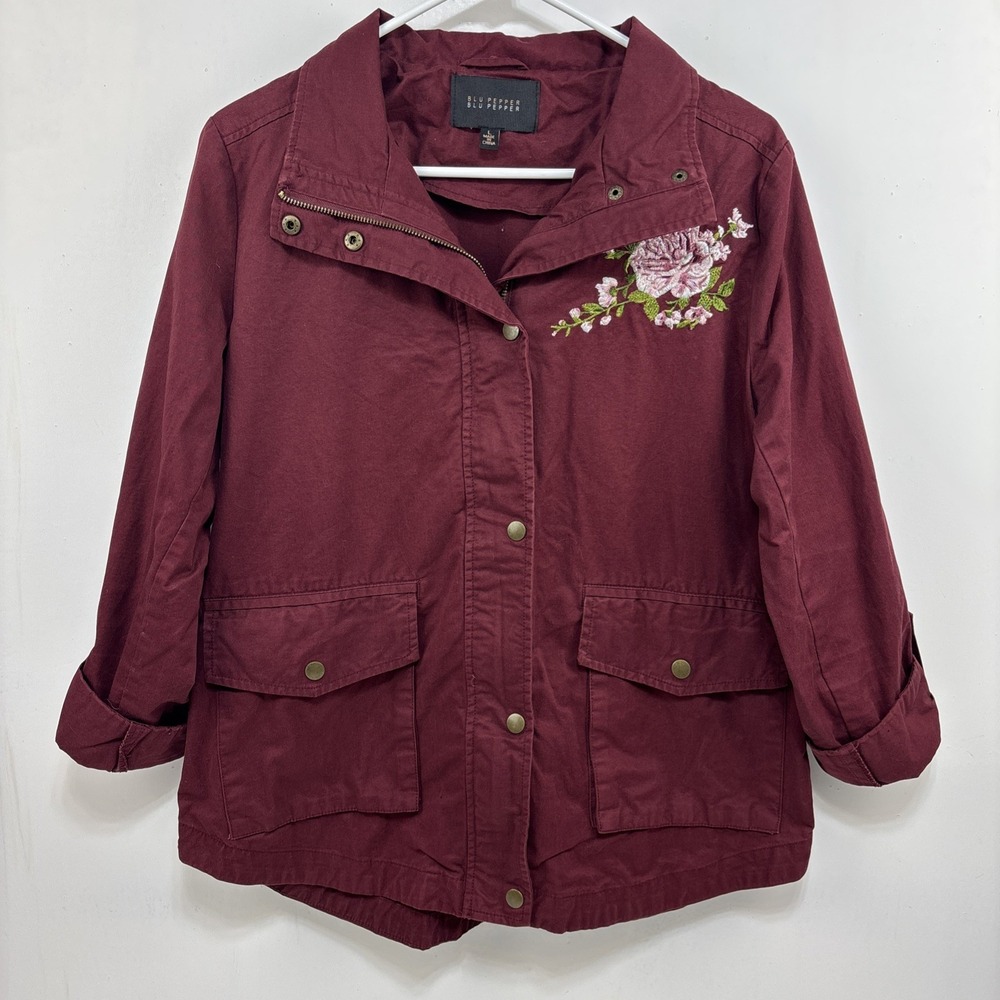 Blu Pepper Maroon Embroidered Flower Utility Jacket Women's Size L Lightweight
